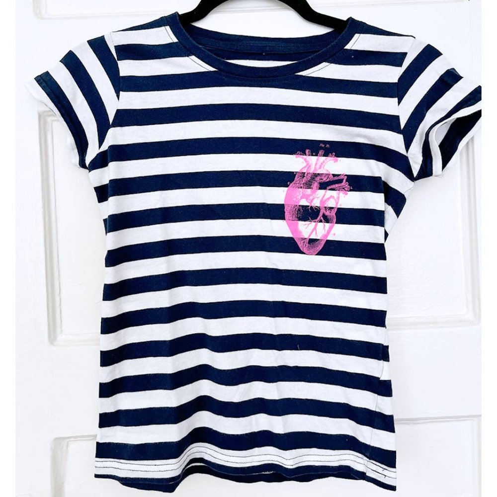Navy Striped Neon Pink Heart Tshirt